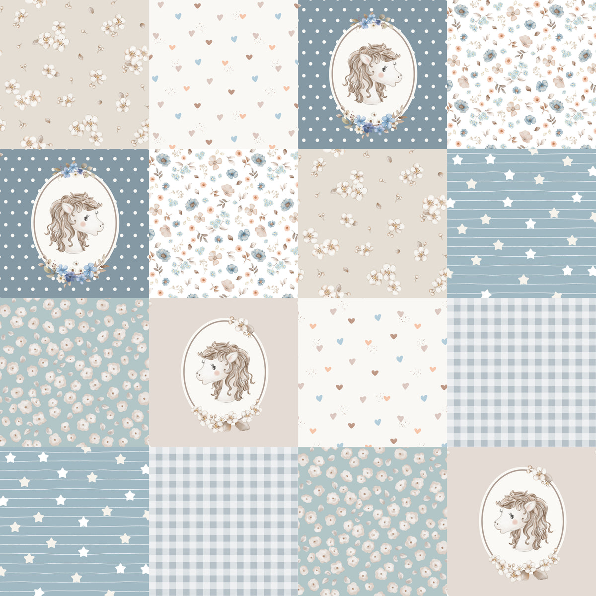 Patchwork Amber Horse – Blue – 10cm Squares - Family Fabrics B.V.