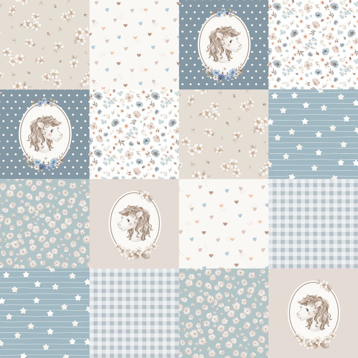 Patchwork Amber Horse – Blue – 5cm Squares - Family Fabrics B.V.