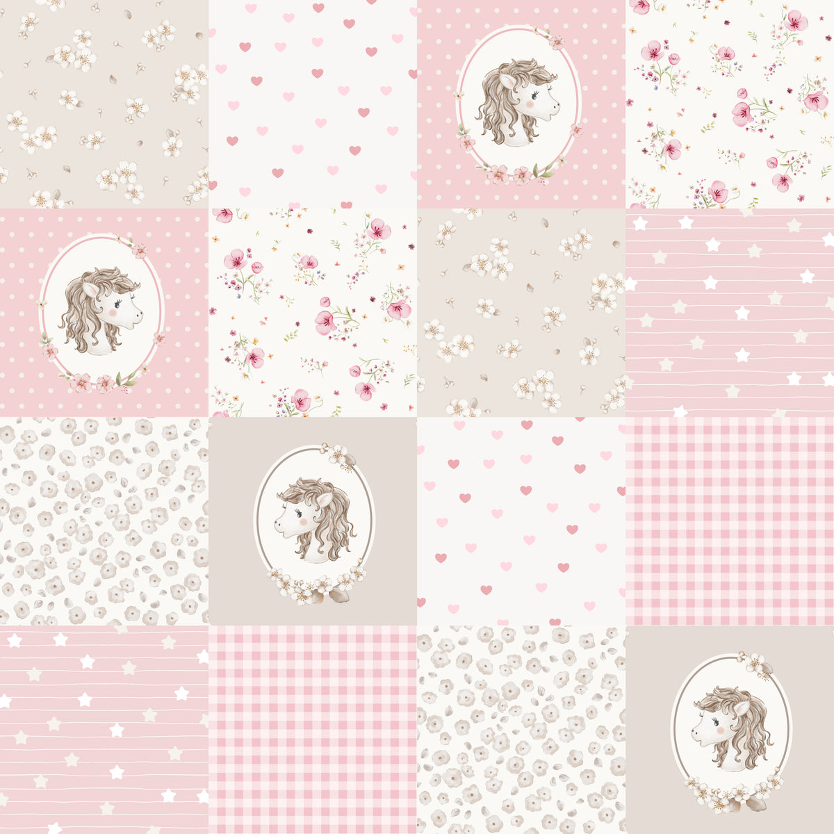 Patchwork Amber Horse – Pink – 10cm Squares - Family Fabrics B.V.