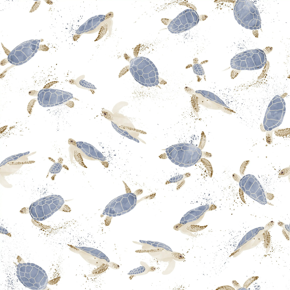 Soft jersey fabric with blue and white turtle print from Family Fabrics B.V., showcasing a smooth, colorful textile design.