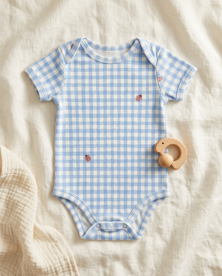 Baby romper printed with Picnic Sky blue gingham – custom print, made in NL