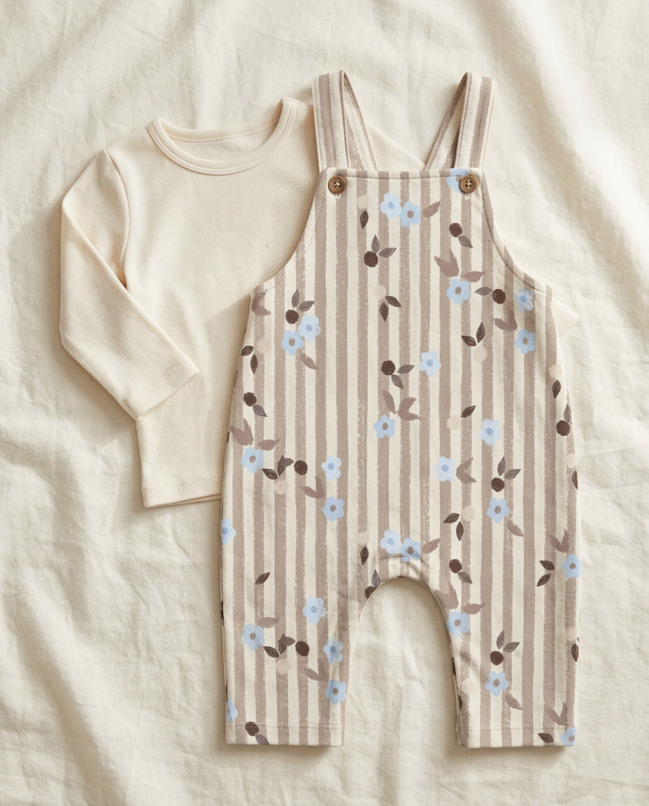 Baby overall printed with Ditsy Stripe Taupe – custom print, made in NL