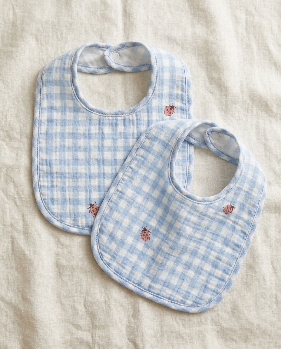 Baby bibs printed with Picnic Sky blue gingham – custom print, made in NL