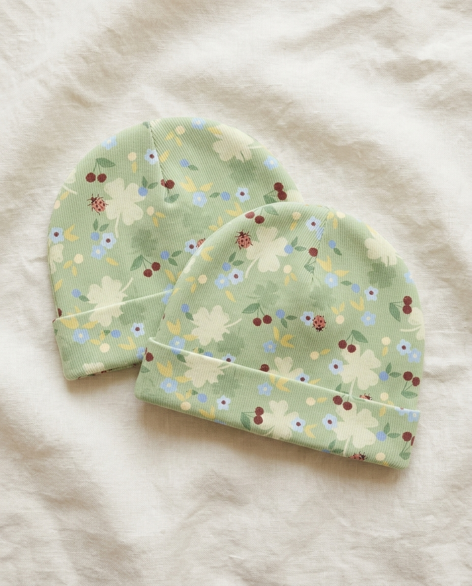 Baby hats printed with Flower Field Olive – custom print, made in NL