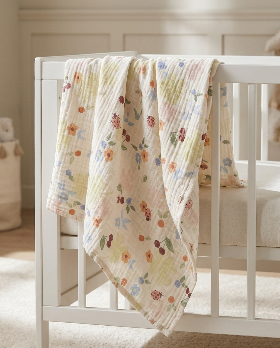 Muslin swaddle printed with Flower Field Snow – custom print, made in NL