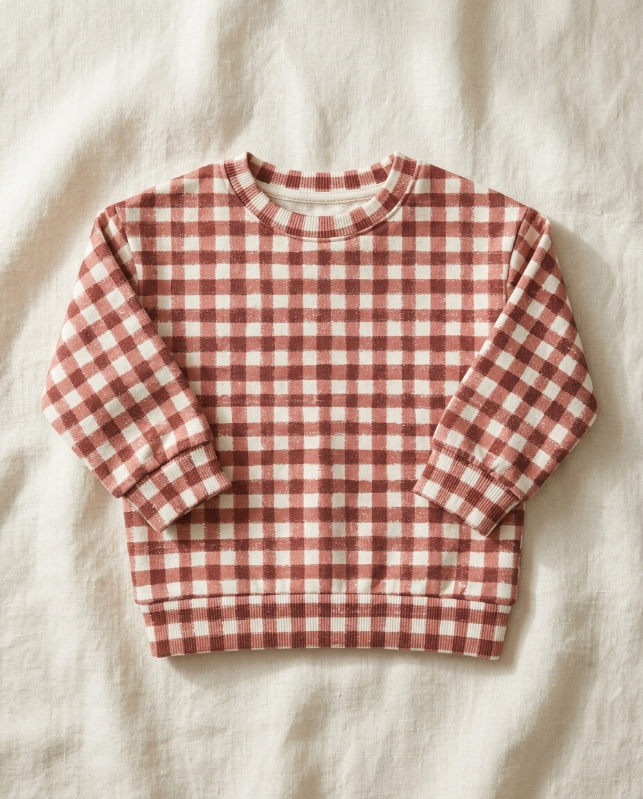 Baby sweatshirt printed with Picnic Tomato red gingham – custom print, made in NL