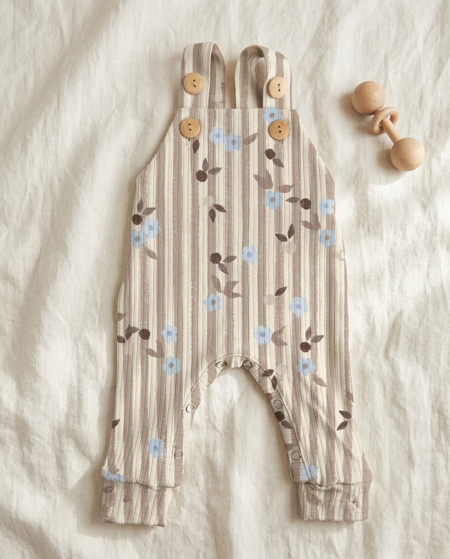 Baby overall printed with Ditsy Stripe Taupe – custom print, made in NL