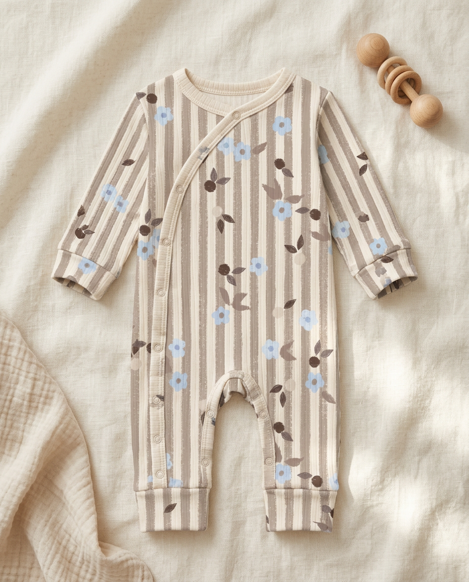 Baby long sleeve shirt printed with Ditsy Stripe Taupe – custom print, made in NL