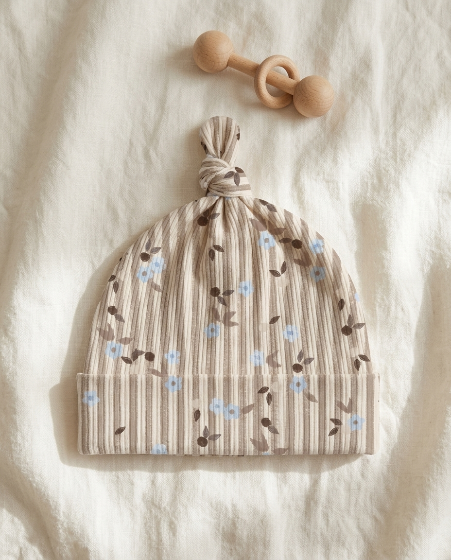 Baby pants printed with Ditsy Stripe Taupe – custom print, made in NL