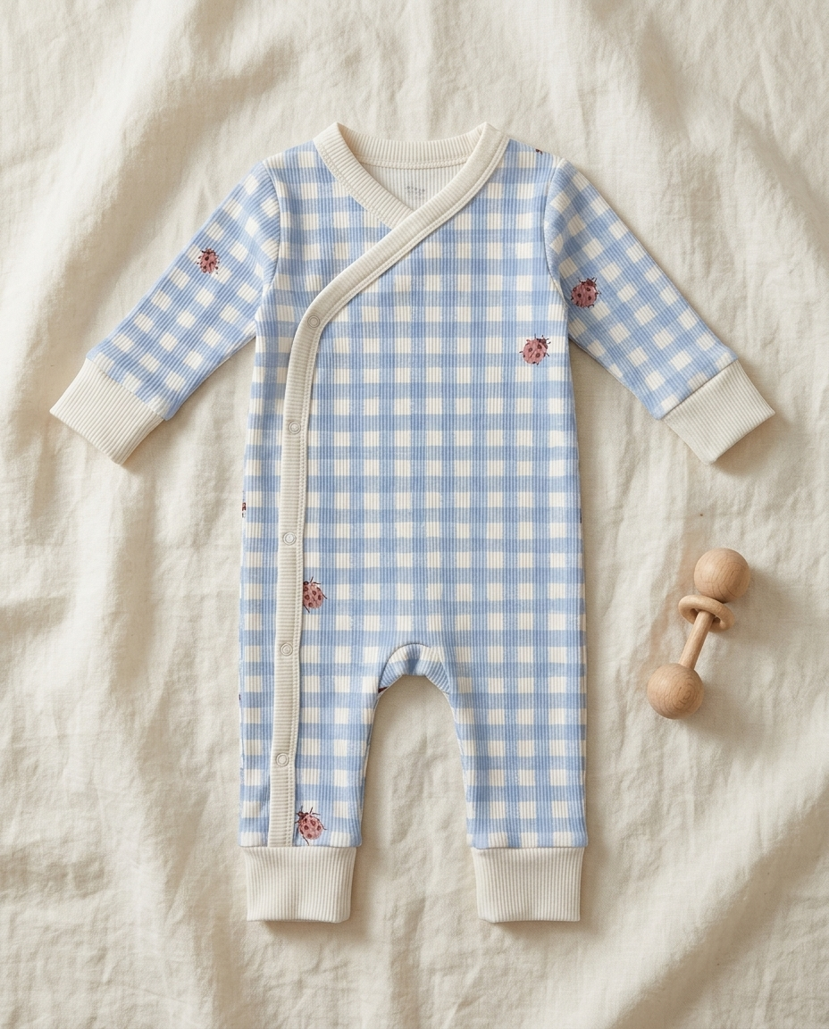 Baby wrap romper printed with Picnic Sky – custom print, made in NL