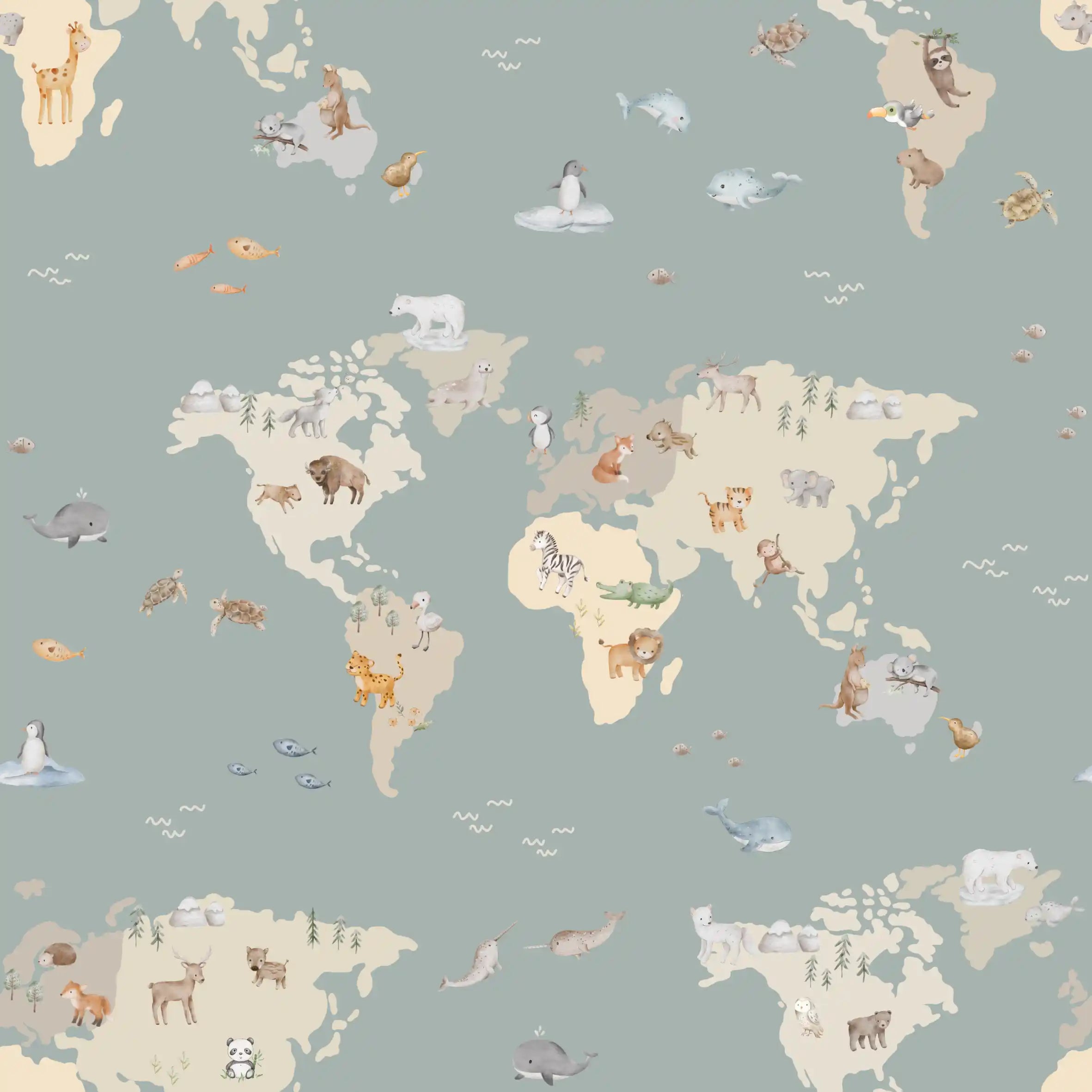 Animals Map Sea Green - Family Fabrics B.V.