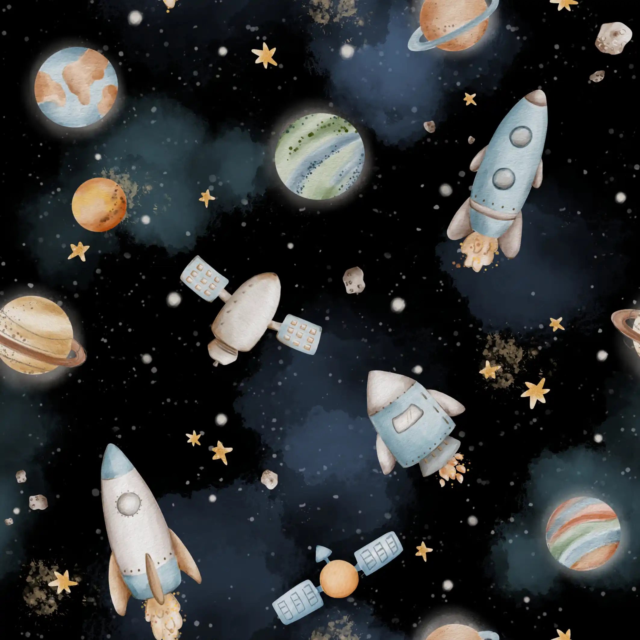 Spaceships Black Blue - Family Fabrics B.V.