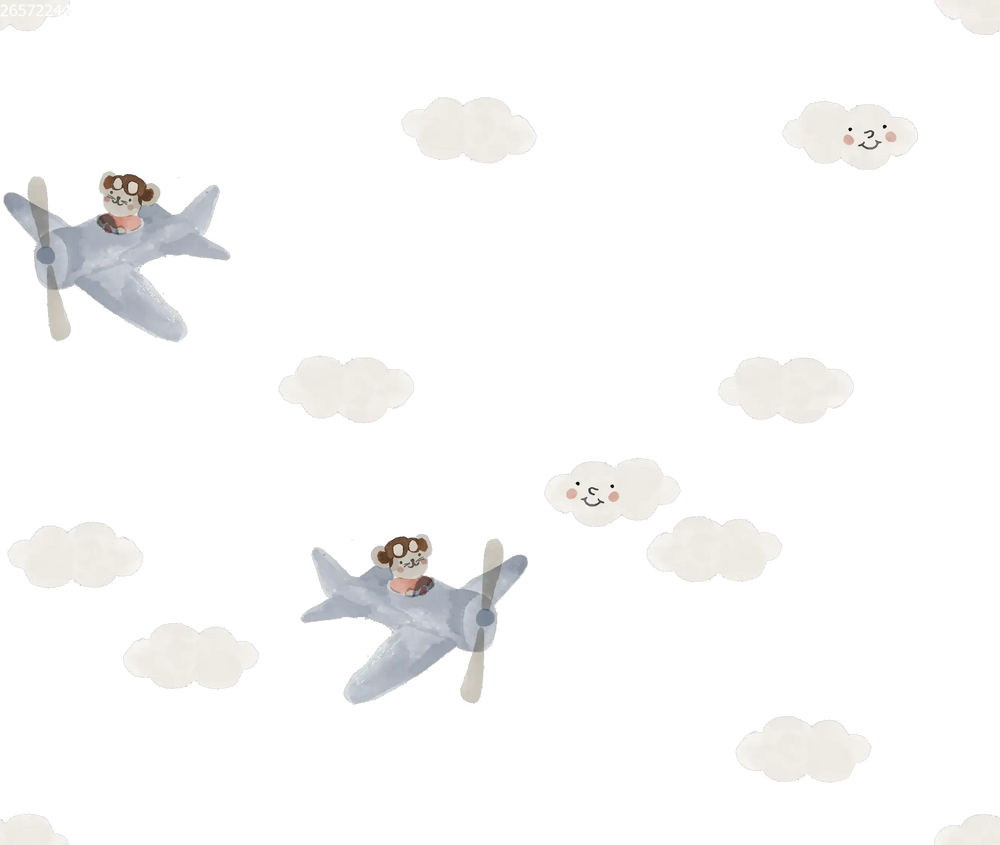 Fantasy Airplane Blue on Off White