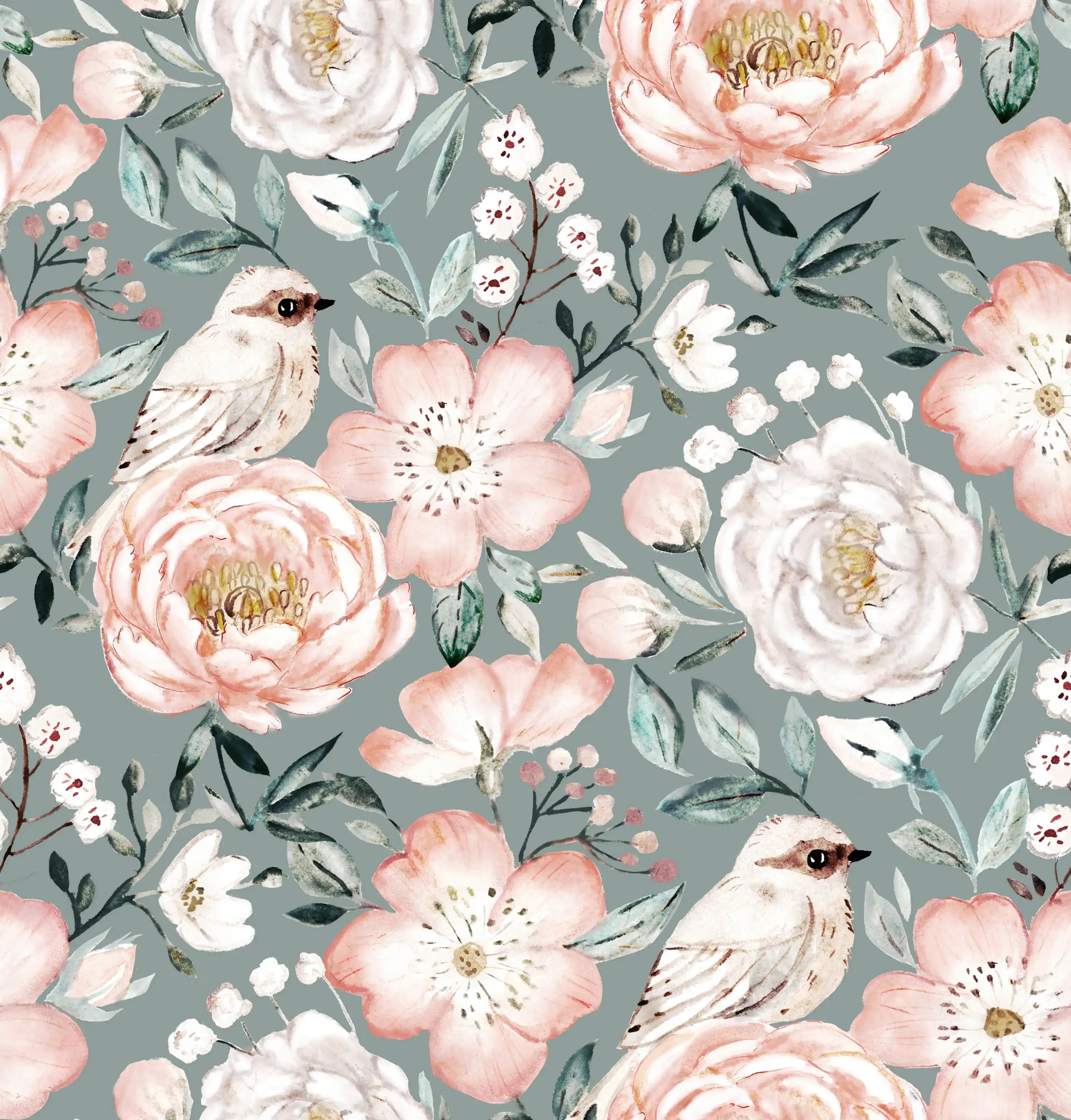Dog Rose and Peony Green Retro
