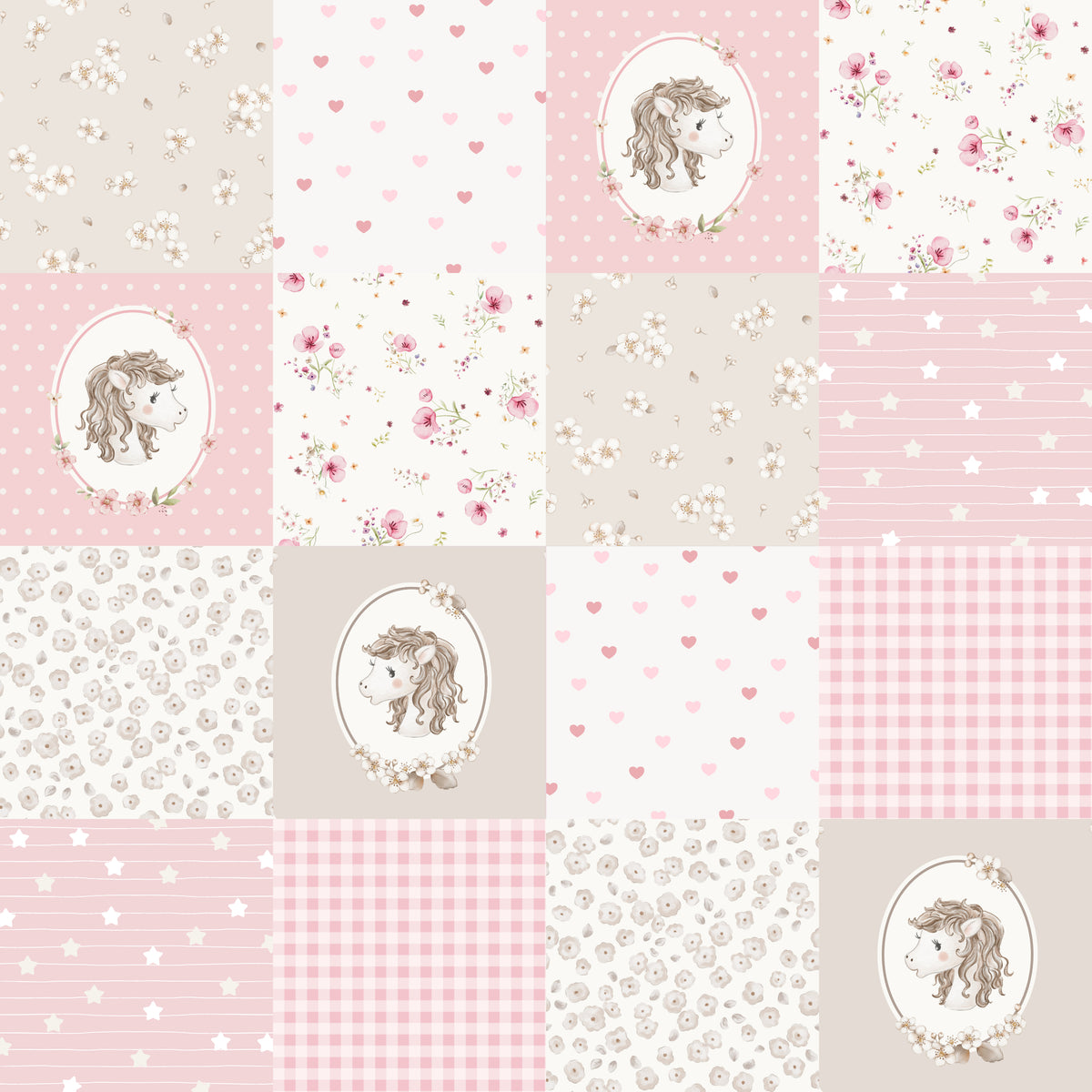 Patchwork Amber Horse – Pink – 5cm Squares - Family Fabrics B.V.