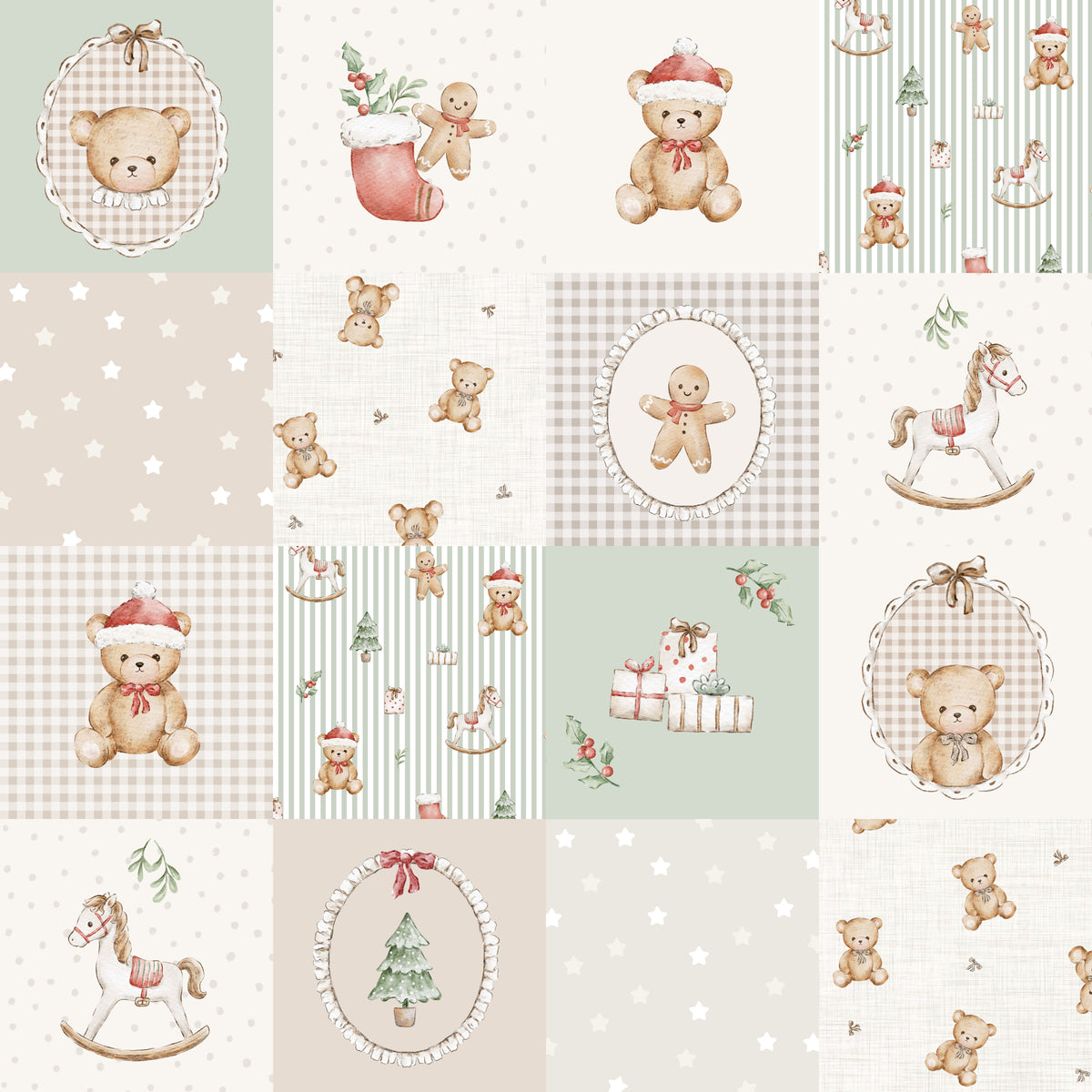 William Teddy Xmas Patchwork – Mint – 20cm Repeat - Family Fabrics B.V.