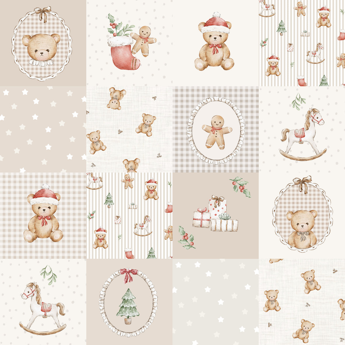 William Teddy Xmas Patchwork – Beige – 20cm Repeat - Family Fabrics B.V.