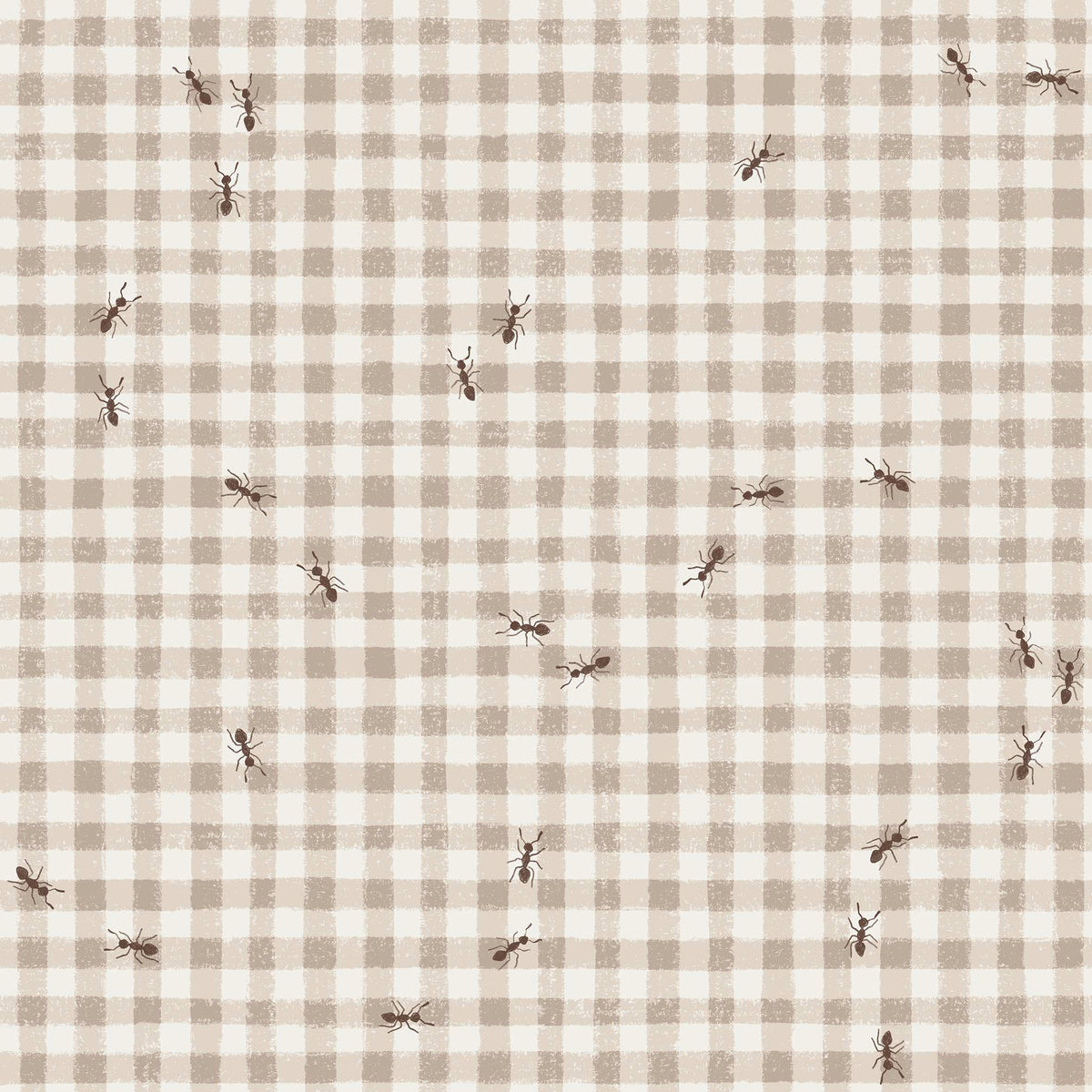 Square fabric swatch featuring Ants Picnic Oat pattern by Family Fabrics B.V., with a neutral oatmeal-colored design.