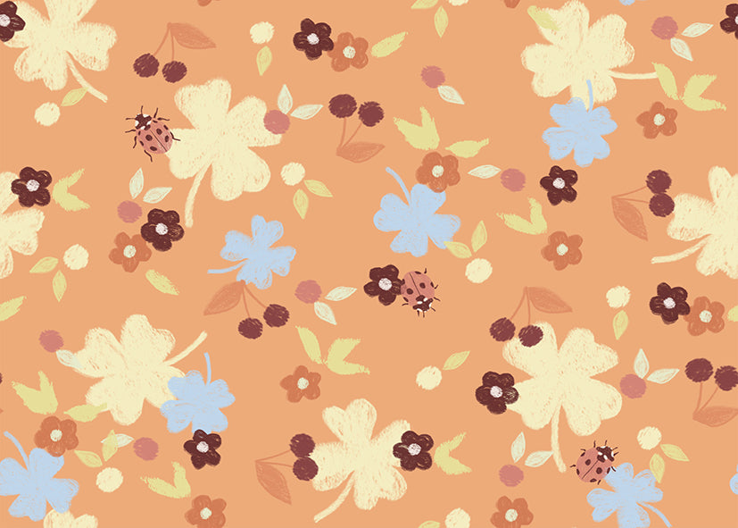 Flower Field Apricot printed cotton fabric by Family Fabrics B.V., showing the full repeat of the pattern.
