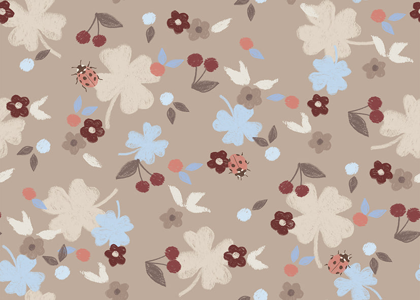 Flower Field Taupe printed cotton fabric by Family Fabrics B.V., showing the full repeat of the pattern.