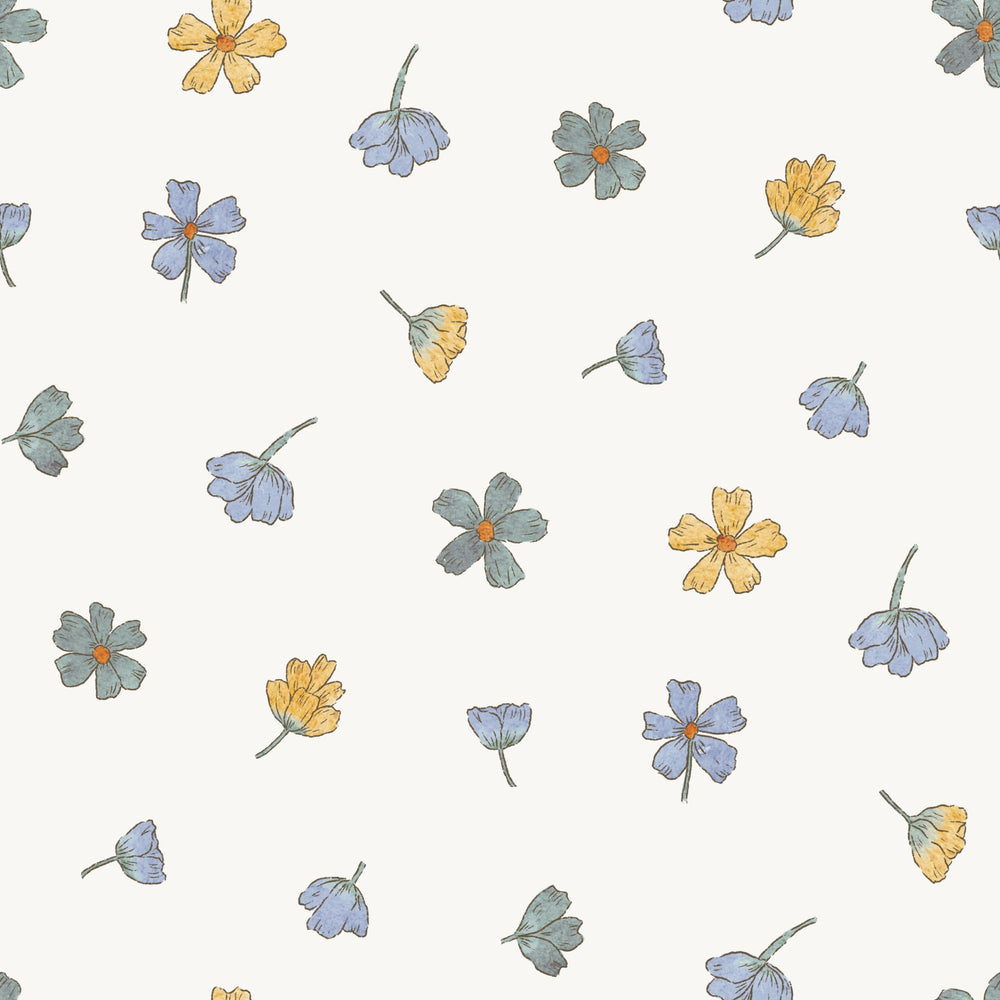 Summer Flowers Tossed Blue Yellow