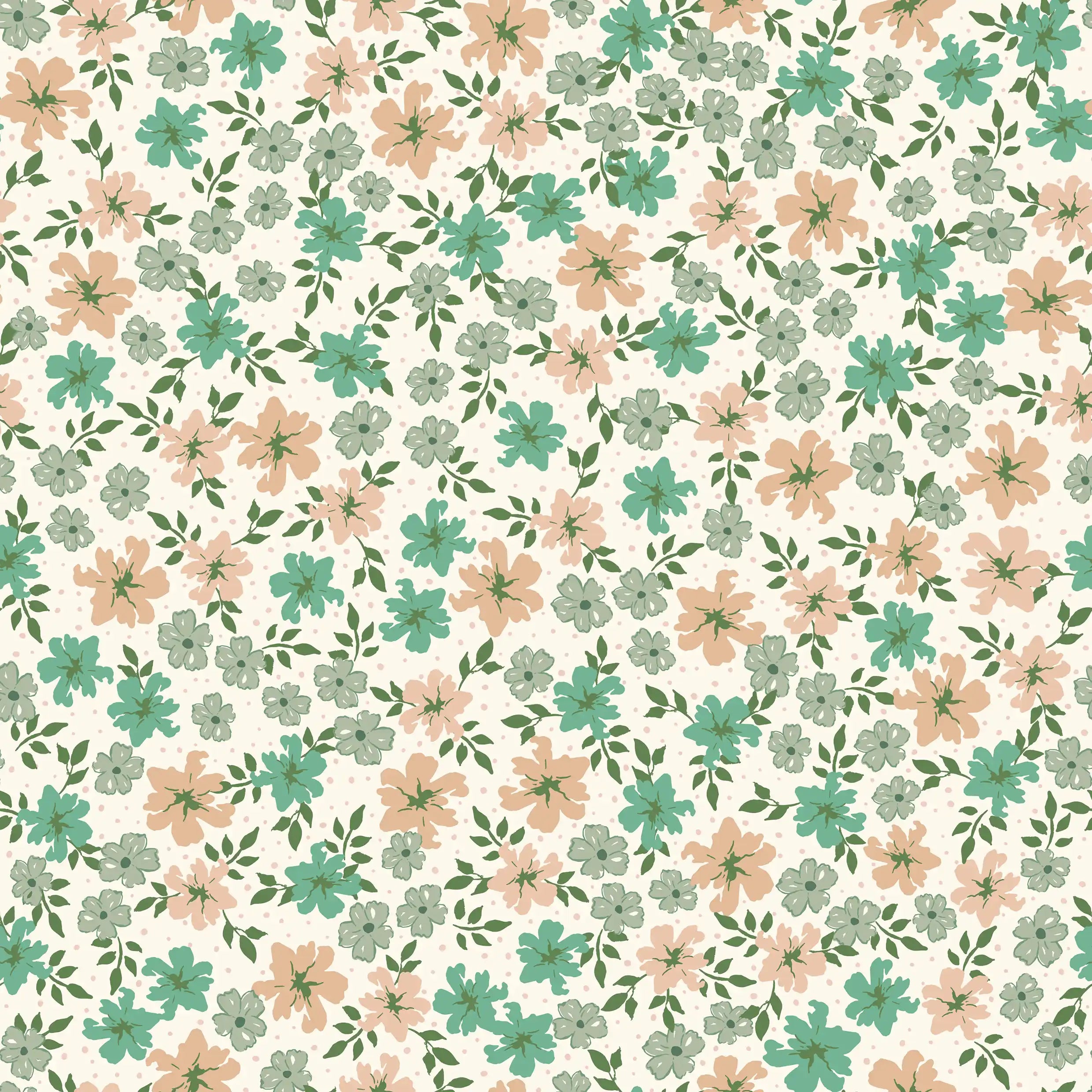 Suzanne Flowers Green & Salmon - Family Fabrics B.V.