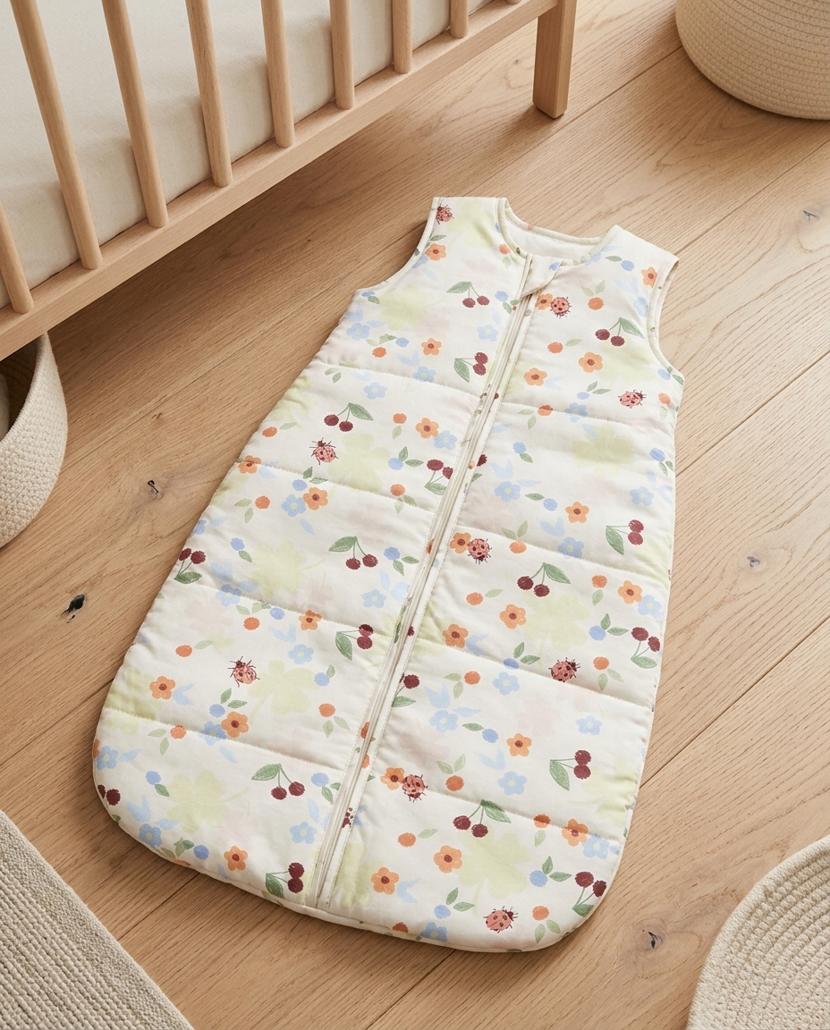 Baby sleeping bag printed with Flower Field Snow – custom print, made in NL