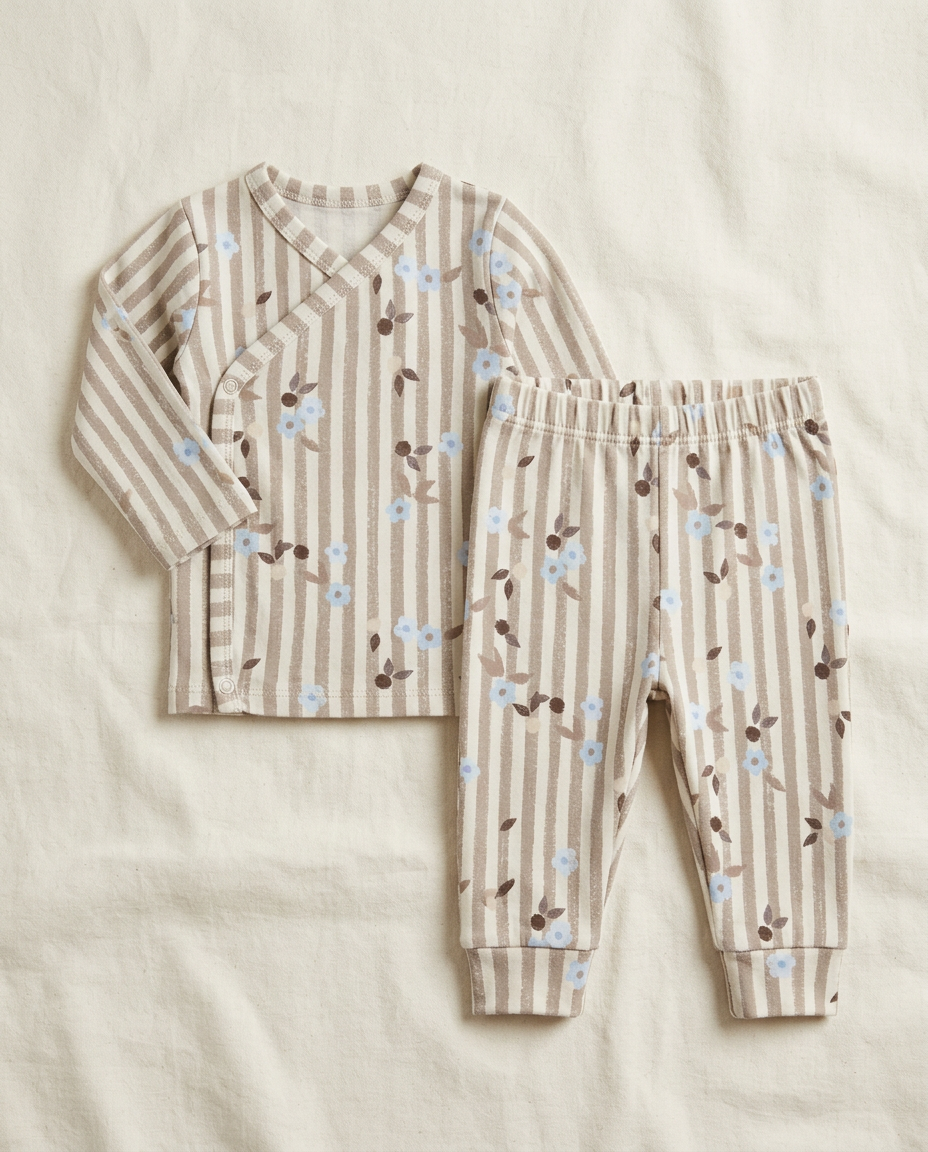 Baby wrap shirt and pants printed with Ditsy Stripe Taupe – custom print, made in NL