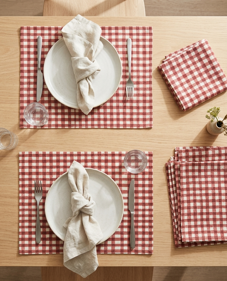 Placemats printed with Picnic Tomato red gingham – custom print, made in NL