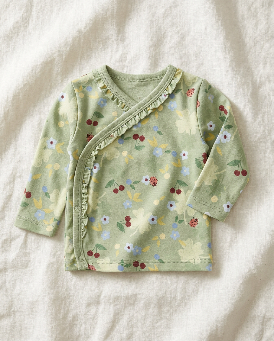Baby wrap shirt with ruffle printed with Flower Field Olive – custom print, made in NL