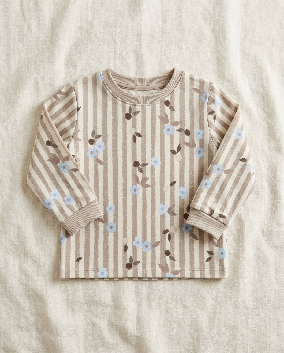 Baby long sleeve shirt printed with Ditsy Stripe Taupe – custom print, made in NL