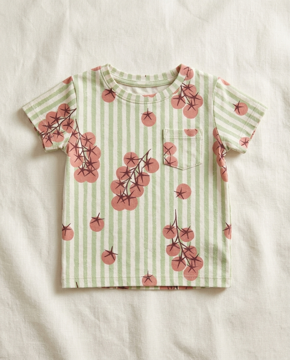 Baby T-shirt with chest pocket printed with Tomatoes – custom print, made in NL
