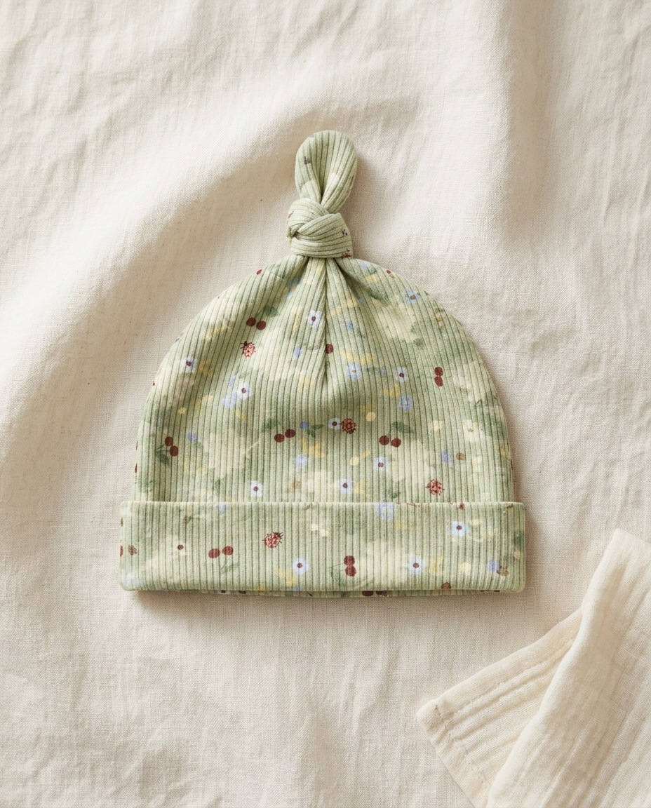Baby knot hat printed with Flower Field Olive – custom print, made in NL