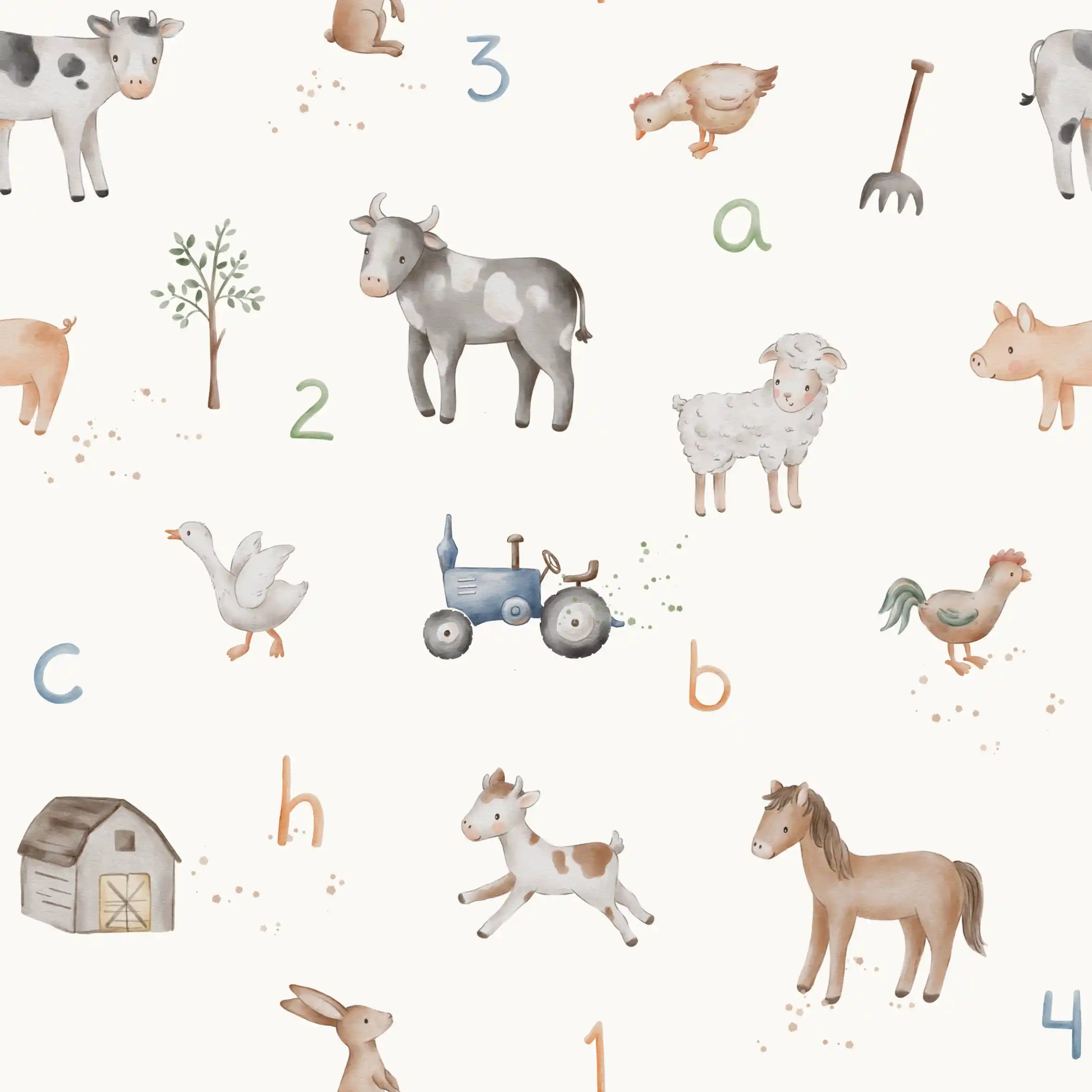 Offwhite ABC farm animals toy set by Thu Ha Kung, featuring various farm animal figures on a neutral background.